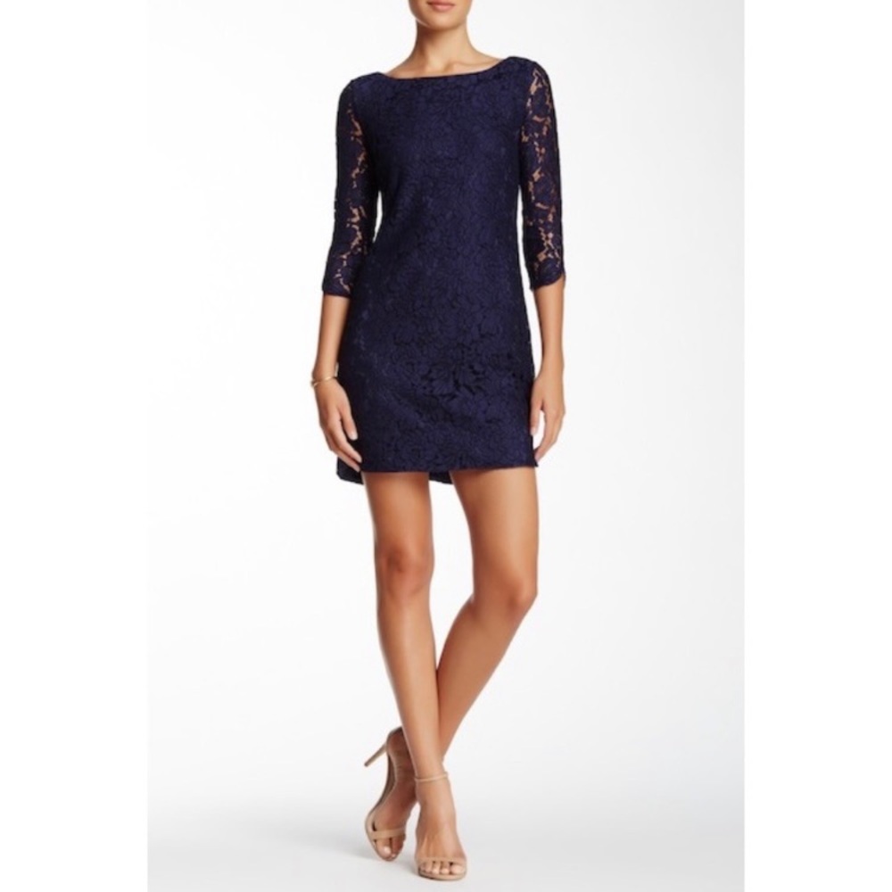 Vince Camuto Navy Lace Overlay Shirttail Hem Shift Dress